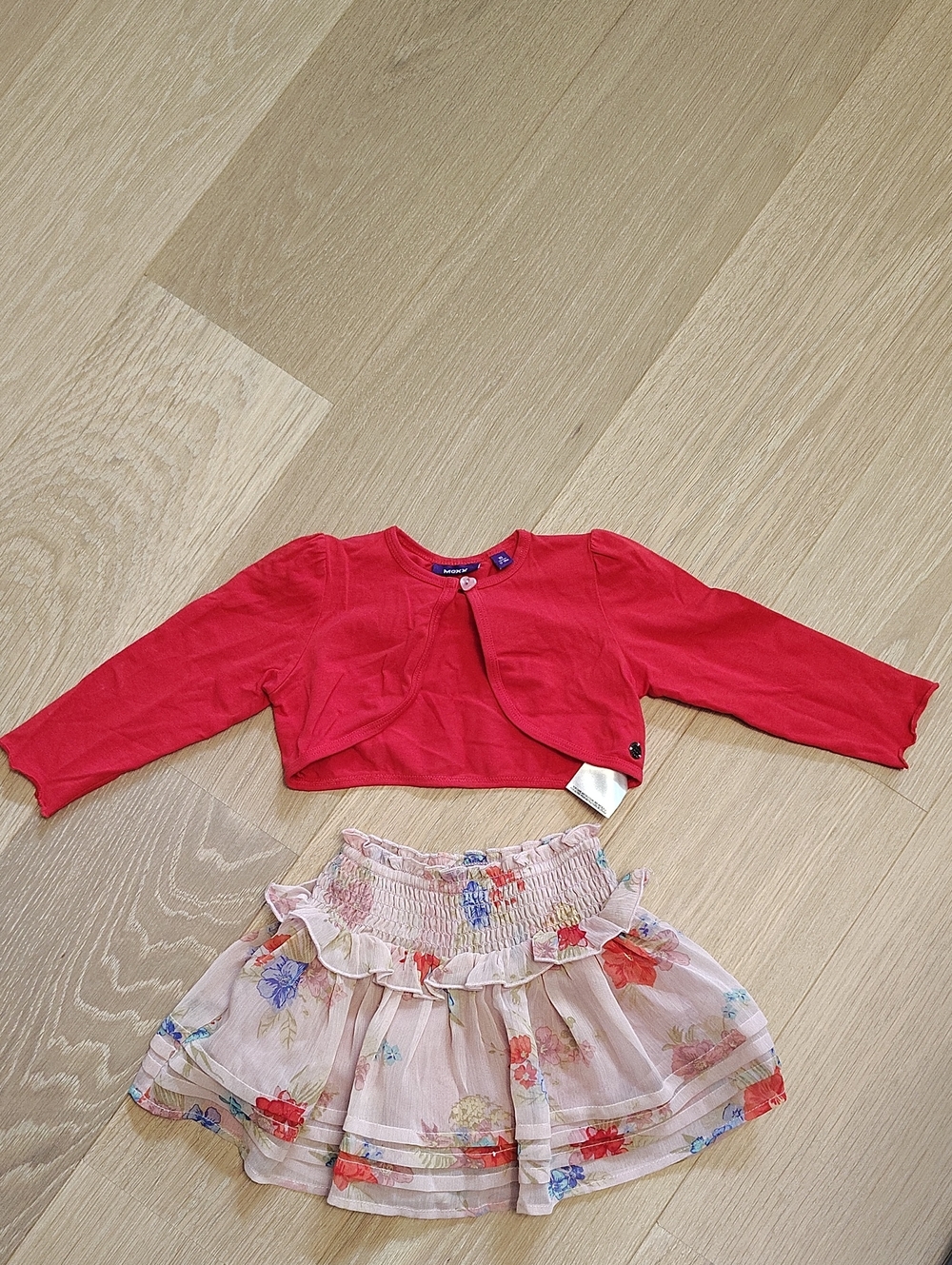 Mexx Red Cardigan with Floral Pink Skirt - Girls Matching Set